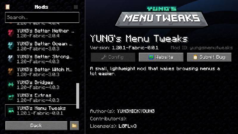 Скриншот мода YUNG's Menu Tweaks (Fabric) #2723